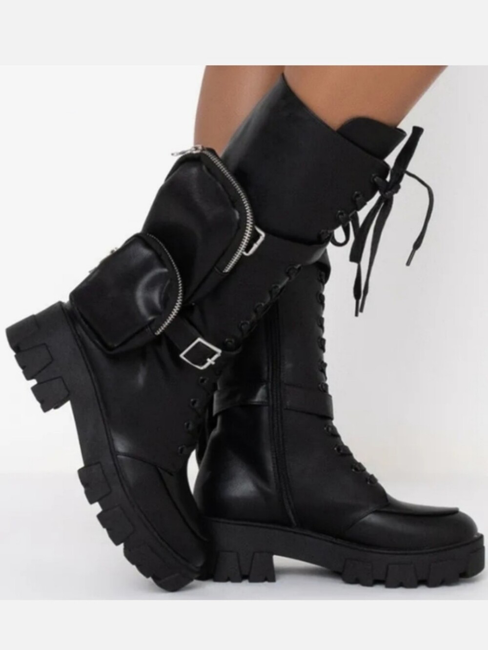 Azalea Wang Danger Black Lace-Up Combat Boots with Detachable Pouches Lug Soles - Picture 2 of 8
